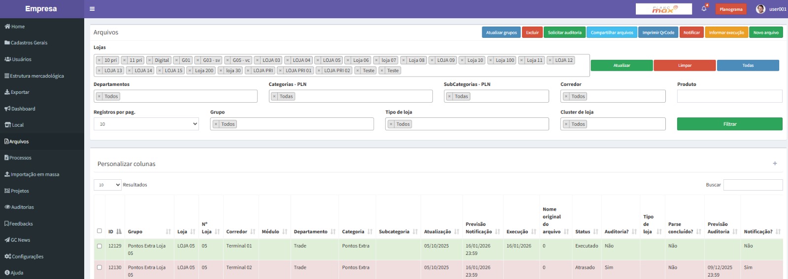Interface do Planomax Retail